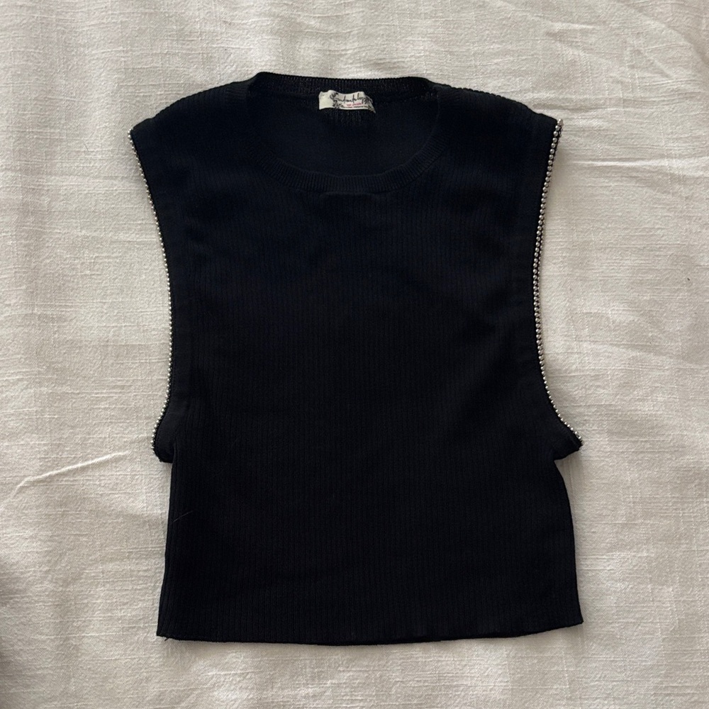 Free People Cropped Black Tank Top – Silver Beaded Armholes